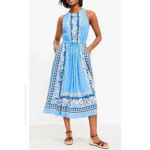 NEW LOFT Blue Border Print Cutout Back‎ Midi Dress w/ Pockets Size XS sleeveless